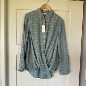 NWT BLL New York Cherie Striped Button Up Moss w/ White Ruched Waist Blouse